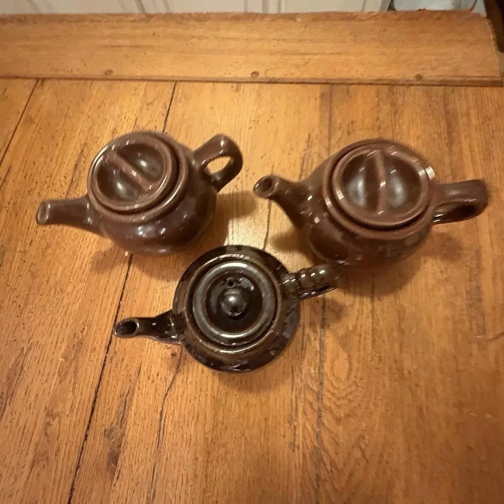 Brown Glaze Teapots Rustic‎ Vintage Unmarked Trio Mix And Match Cottage Cozy Tea